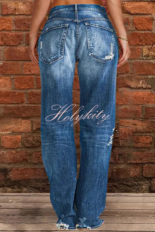 Vintage Washed Ripped Wide Leg Jeans