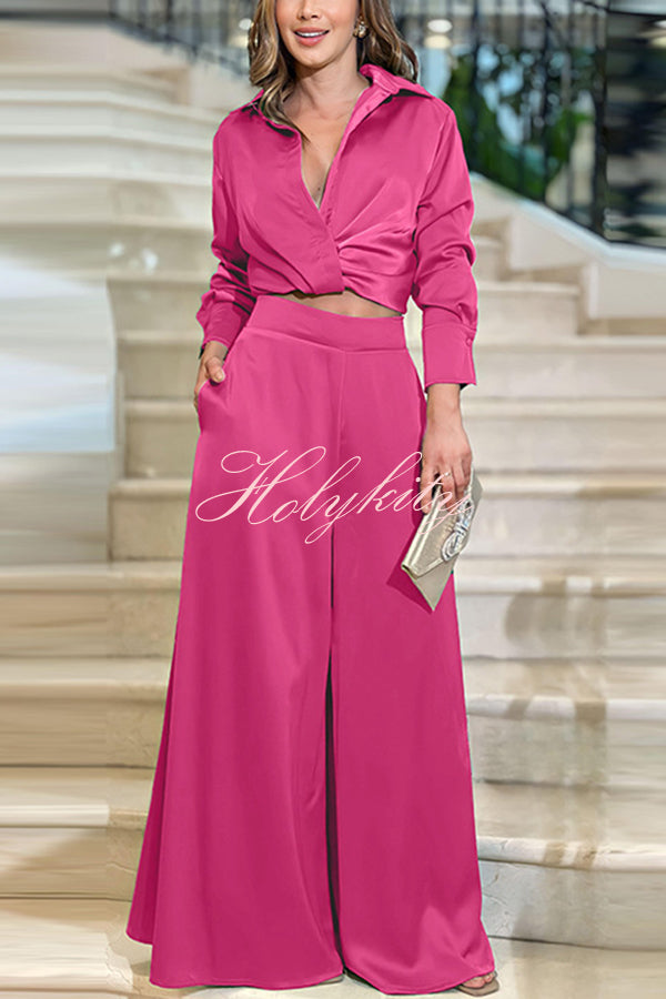 Satin Solid Color Lapel Long Sleeve Blouse and Loose-fitting Pocket Wide Leg Pants Set