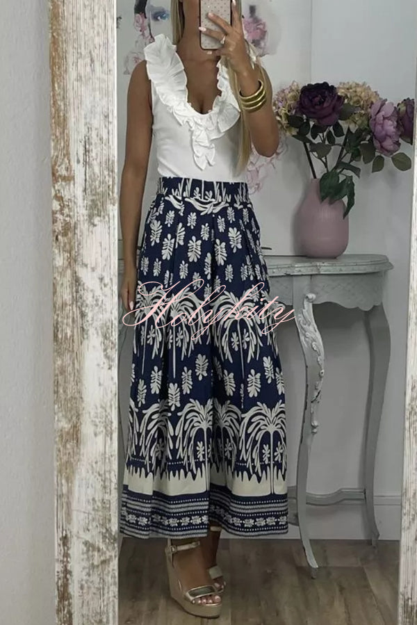 Unique Print Elastic Waist Loose Pocket Holiday Wide Leg Pants