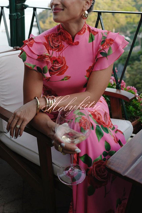 Cheongsam Style Rose Floral Print Tiered Flare Sleeve Stretch Maxi Dress