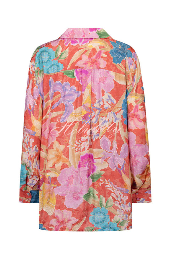 Painter's Garden Boho Floral Print Button Long Sleeve Relaxed Blouse