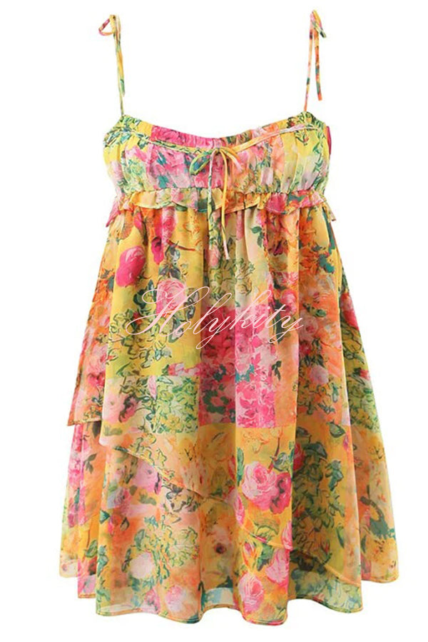 Floral Print Sling Lace Up Ruffled Mini Dress