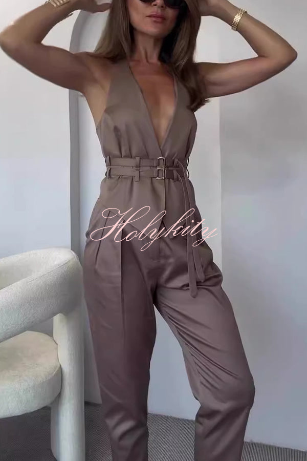 Sexy Backless Belted Waistcoat and Casual Pocket Pants Set