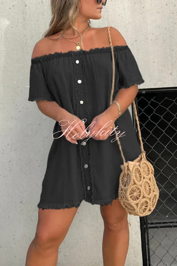 Fashionable Off Shoulder Short-sleeved Loose Denim Mini Dress