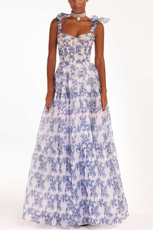 Fairytale Itself Organza Floral Print Tie Strap Maxi Dress