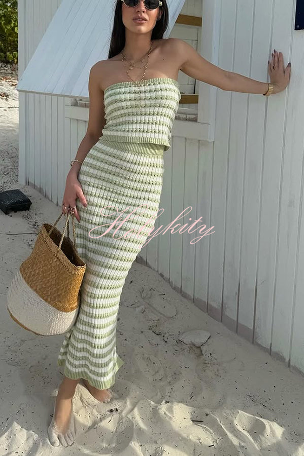 Bahamas Beach Knit Colorblock Stripes Bandeau Top and High Rise Stretch Maxi Skirt Set