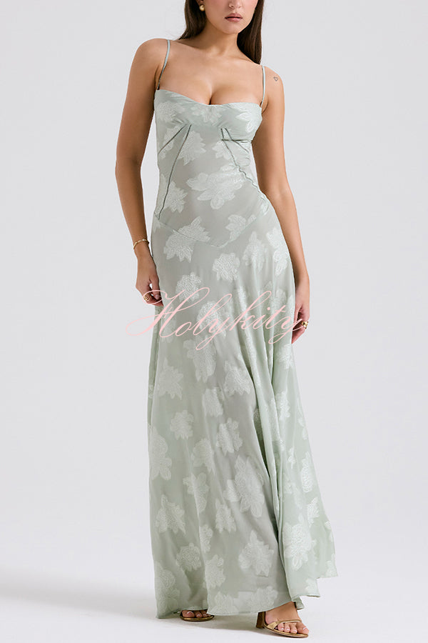 Romantic Vintage Feel Jacquard Fabric Back Lace-up Slip Floaty Maxi Dress