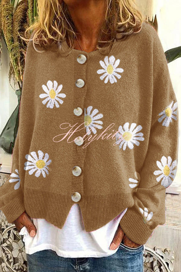 Chrysanthemum Embroidery Knitting Button Down Cardigan Coats