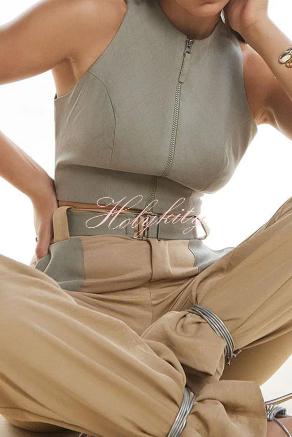 Street Wear Front Zipper Backless Tank and Color Block Belted Pocket Pants Set