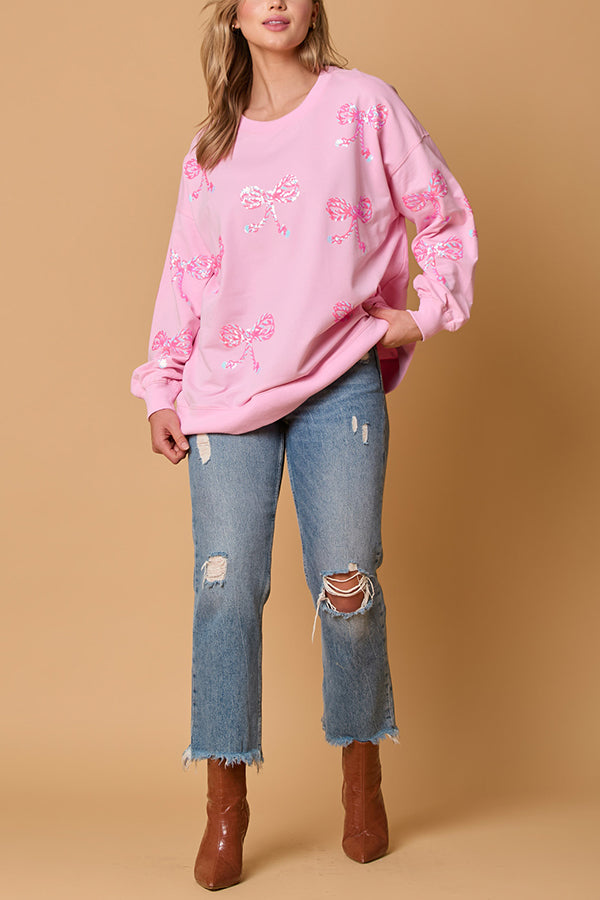 Christmas Bow Sequin Casual Loose Long-sleeved Sweatshirt