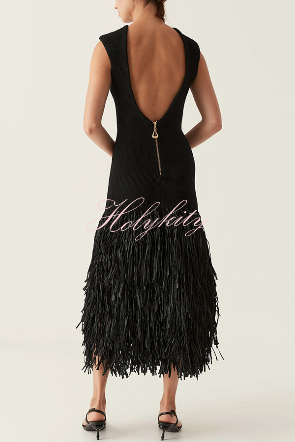 Christie Ribbed Patchwork Tiered Fringed Hem Zipper Backless Maxi Dress