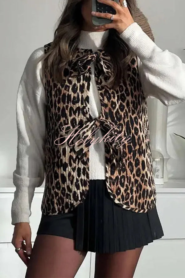 Leopard Print Lace-up Bow Sleeveless Statement Vest Top