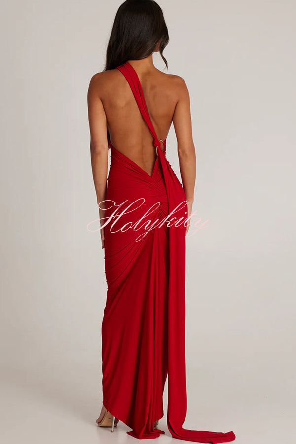 Sexy Backless Pleated Slim Solid Color Sleeveless Elegant Maxi Dress