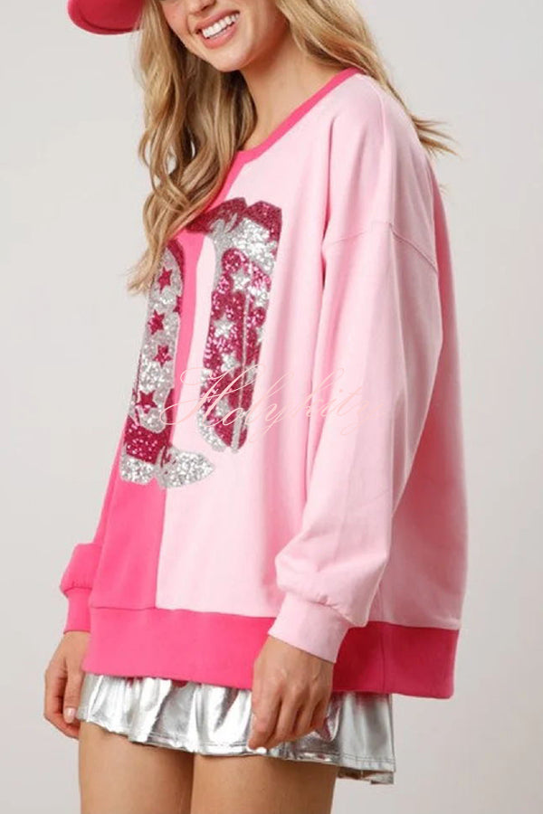 Valentine's Day Sequin Boots Color Block Long Sleeve Sweatshirt