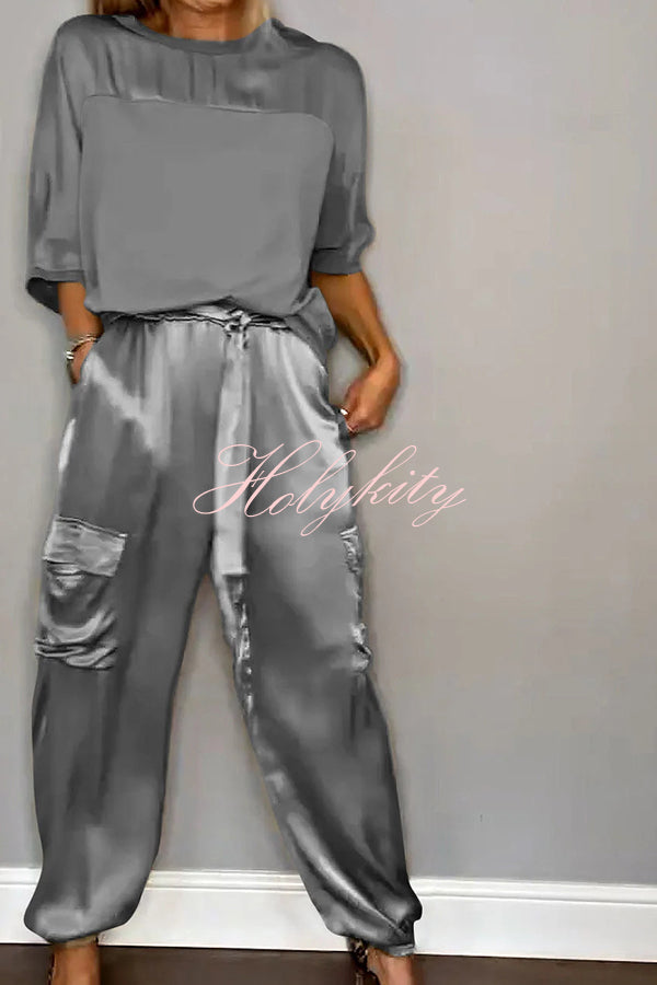 Calissa Smooth Satin Half-sleeved Top and Elastic Waist Pocket Pants Set