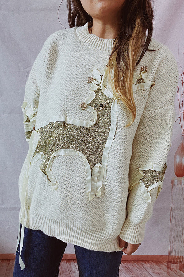 Christmas Pattern Knitted Crew Neck Long Sleeved Sweater