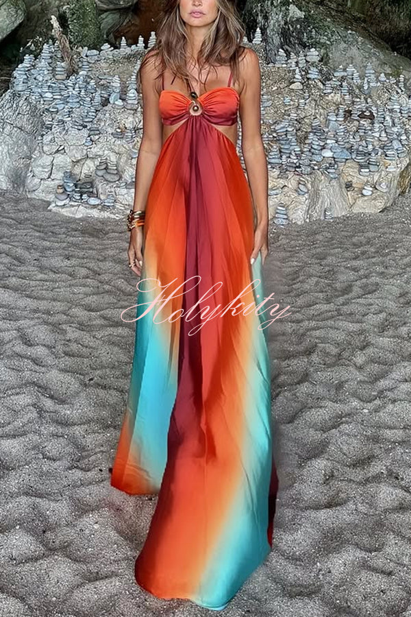 Neon Sunset Printed Metal Decoration Cutout Back Tie-up Vacation Maxi Dress