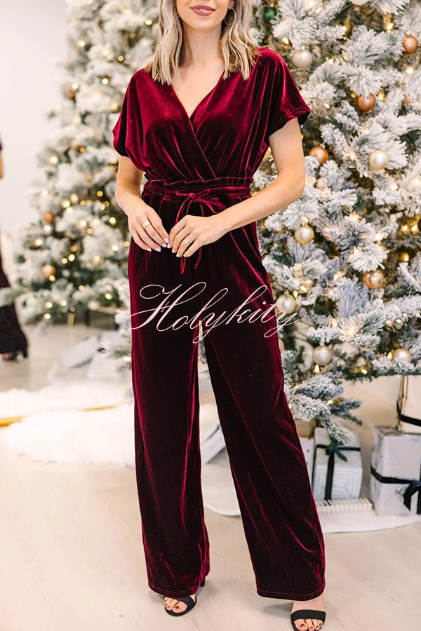 Holiday Star Velvet Lace Up Pocket Wide Leg Jumpsuit