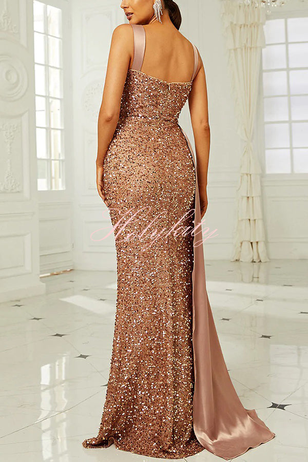 Banquet Sequined Backless Strappy Fishtail Maxi Dress