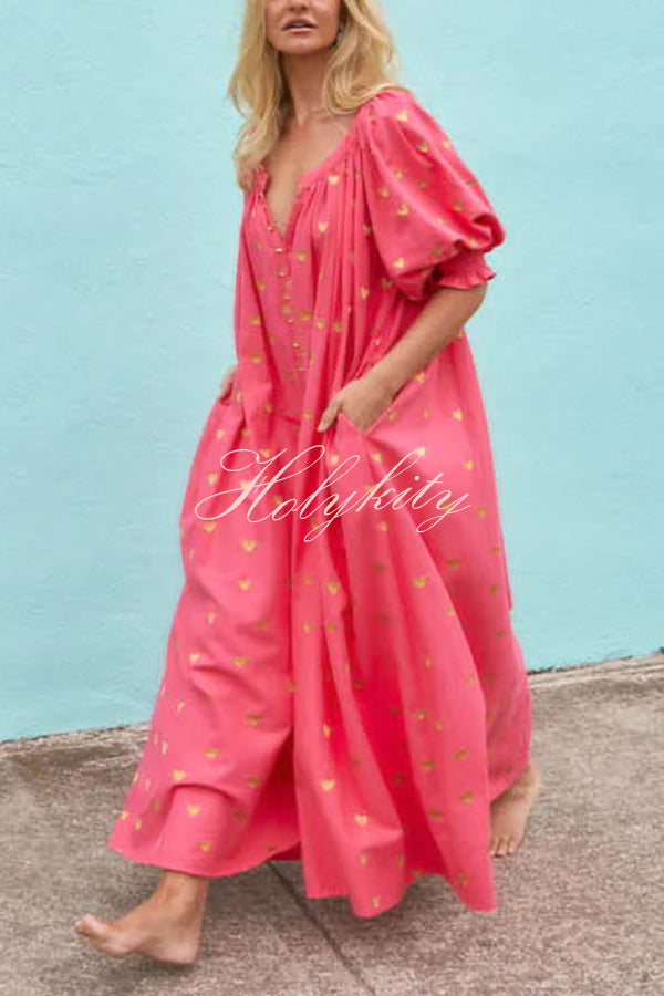 Valentine's Day Gold Heart Print Puff Sleeve Button Pocketed Loose Maxi Dress