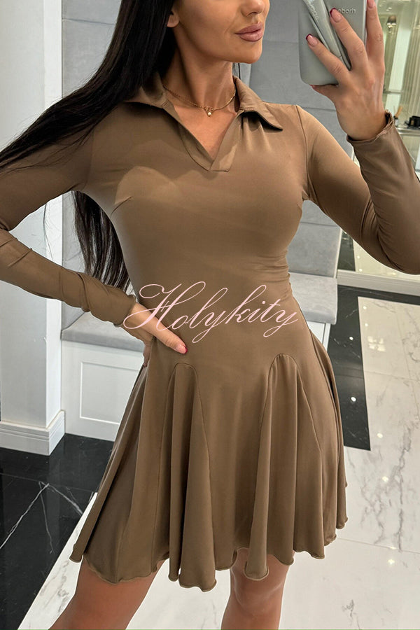 Solid Color Lapel Long Sleeve Slim Fit Waist Mini Dress