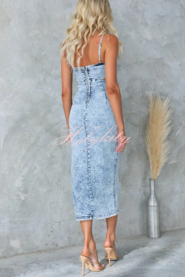 Felicia Washed Denim Princess Seams Cutout Waist Back Zipper Stretch Midi Dress