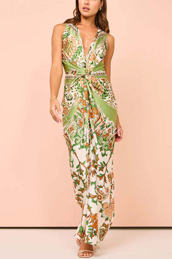 Gaia Satin Unique Paisley Print Central Twist Knot Detail Slit Maxi Dress