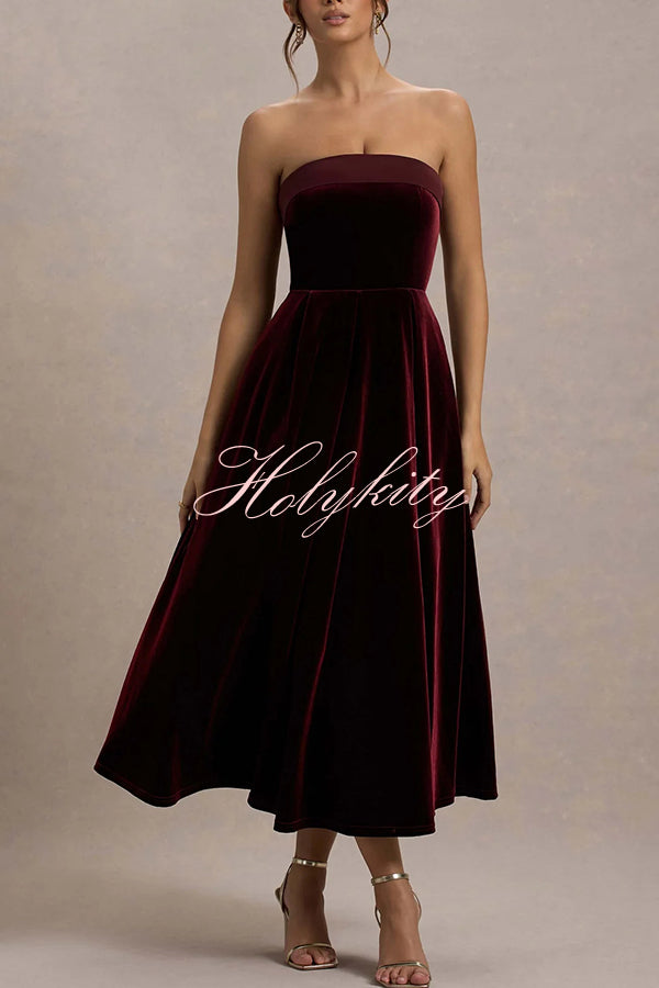 Center of Attention Velvet Satin Neck Bandeau Pleated Midi Dress