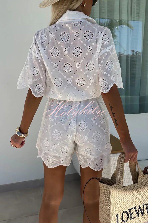 Elegant and Chic Embroidered Lace Flowers Button Up Belted Loose Shirt Romper