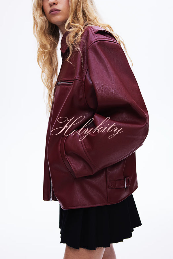 Fashion Lapel Long Sleeve Pocket Zipper Leather Jacket