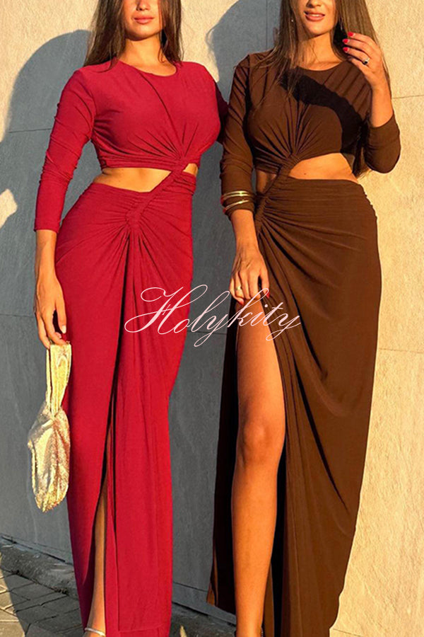 Solid Color Round Neck Long Sleeve Sexy Exposed Waist Slit Maxi Dress