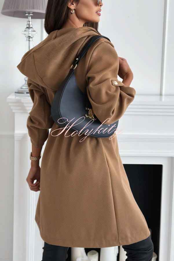 Effortless and Warm Textured Fabric Drawstring Waist Pocket Hooded Midi Coat