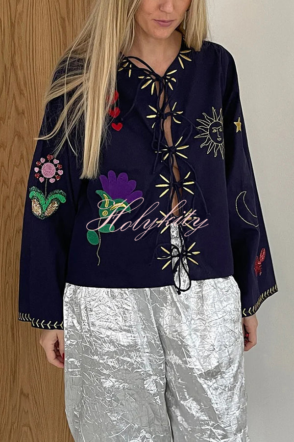 Fashionable Embroidered Lace-up Long-sleeved Loose Top