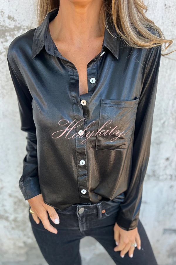 Holiday Look Solid Metallic Loose Pocket Button-down Blouse