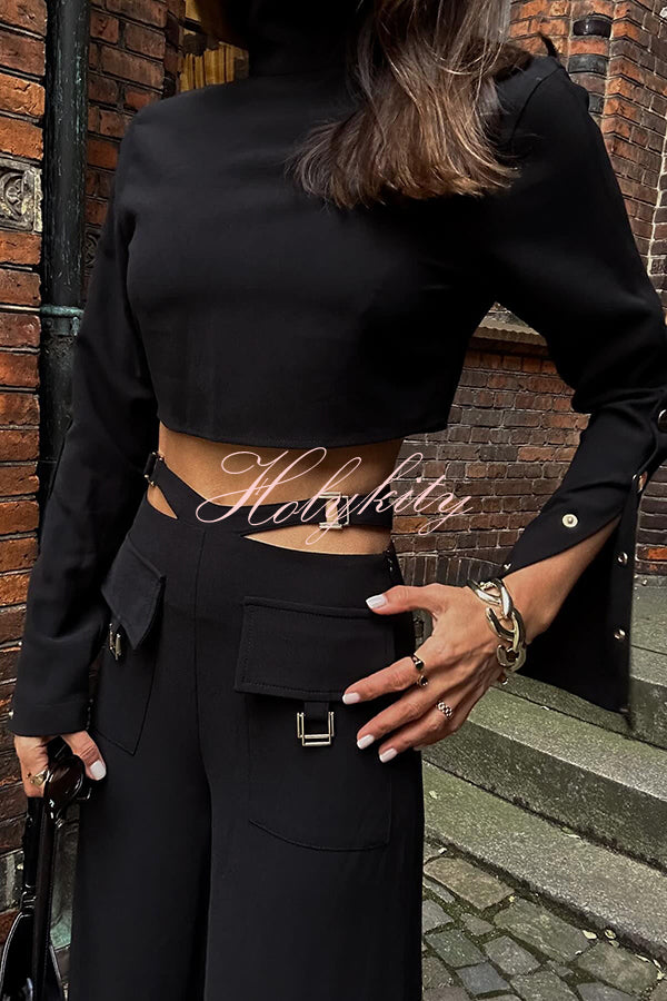 Leia High Neck Button Bell Sleeve Top and Cutout Waist Metal Pocketed Flare Pants Set