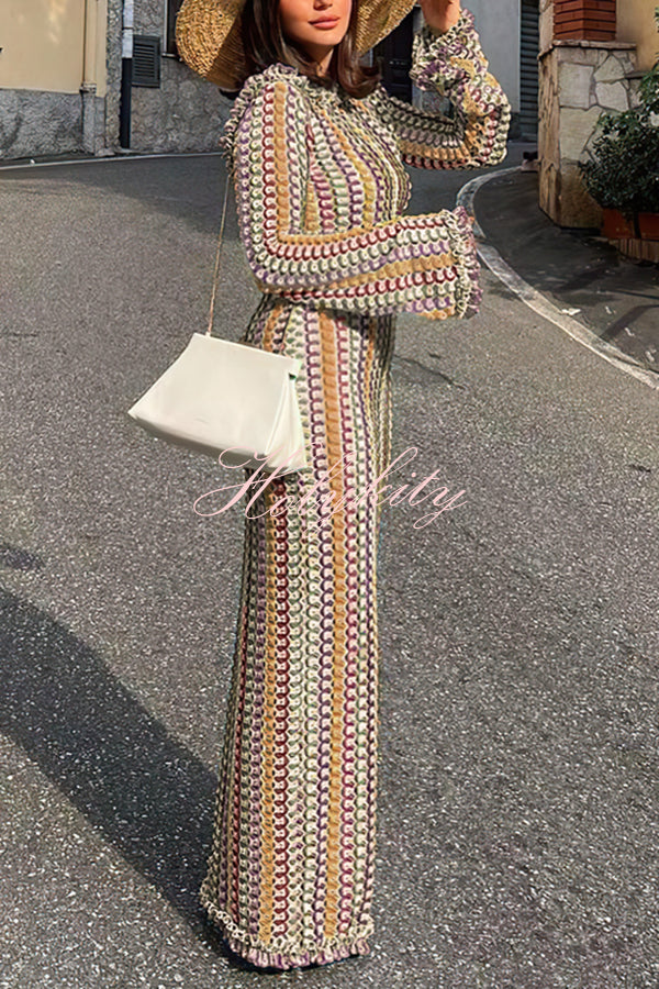 Ruffled Backless Long-sleeved Wavy Striped Beach Resort Maxi Dress