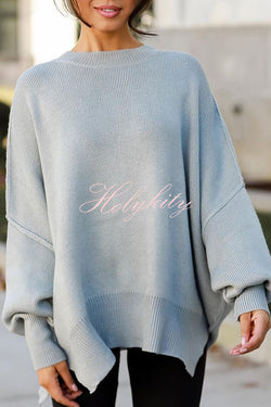 Distressed Knit Side Slit Long Sleeve Pullover Sweater