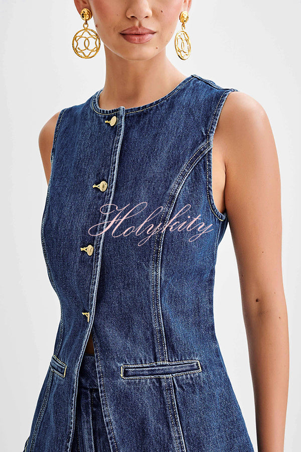 Abel Denim Button Up Princess Seams Pocket Vest Top