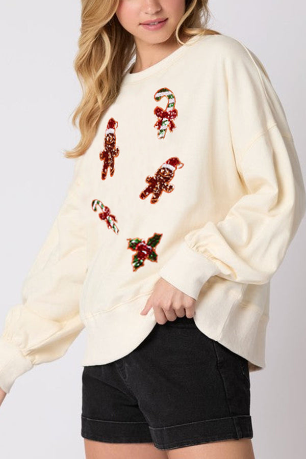 Christmas Gingerbread Man Sequin Casual Long Sleeve Sweatshirt