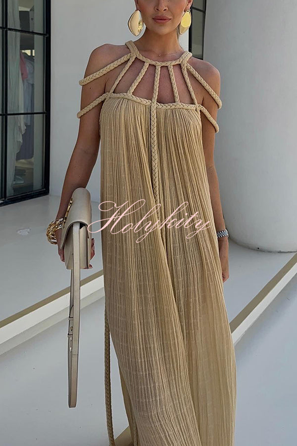 Modern and Sophisticated Linen Blend Draped Braids Cover Up Maxi Dress