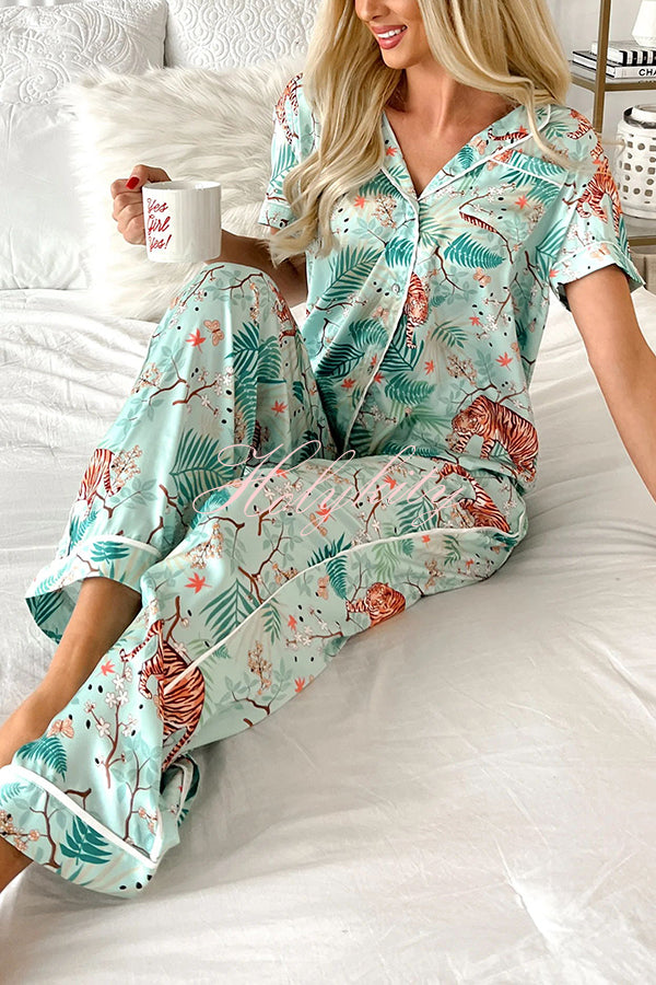 Sleeping Tiger Satin Elastic Waist Pocketed Pajama Pants Set