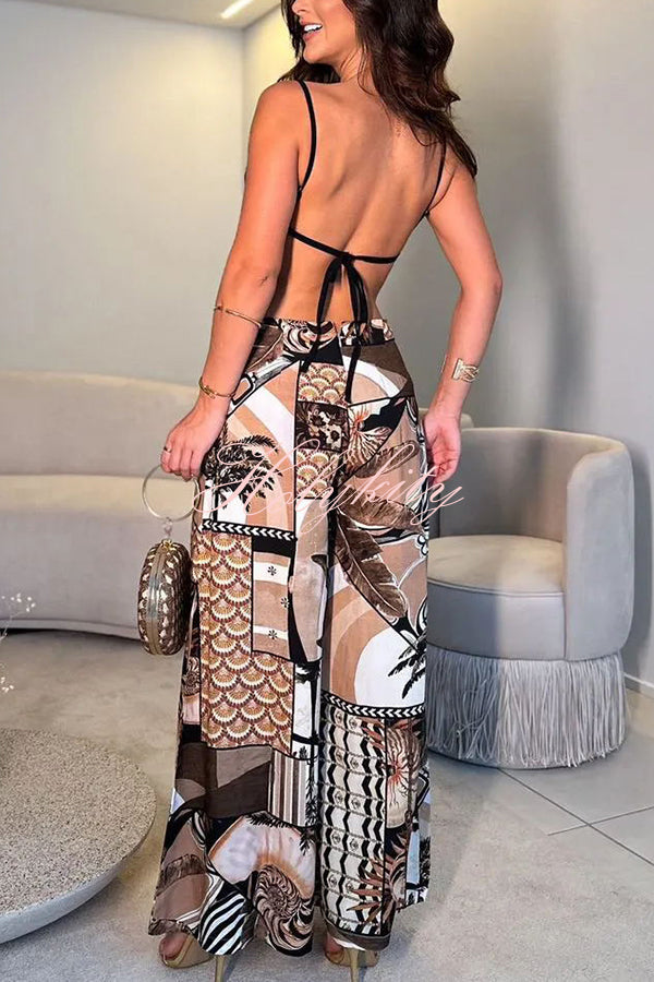 Tulum Dreaming Strap Cross Design Patchwork Printed Elastic Waist Backless Jumpsuit