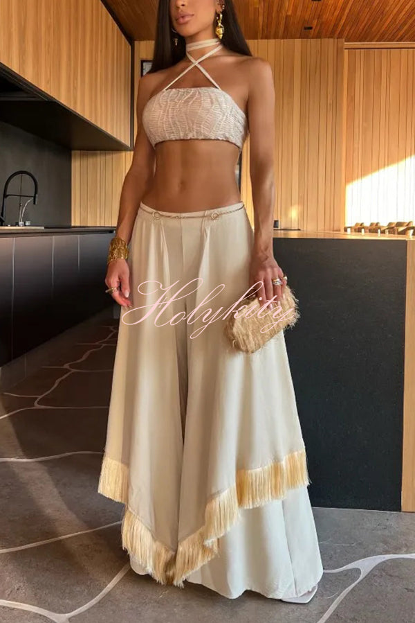 Sexy Lace-Up Bandeau Top and Irregular Tassel Pants Set