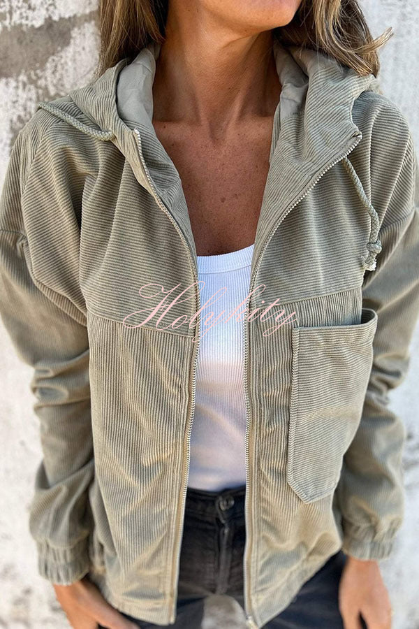 Solid Color Hooded Pocket Zippered Loose Jacket