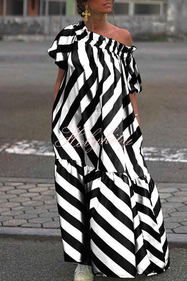 Exquisite Striped Patchwork Bell Sleeve Pocket Maxi Dress