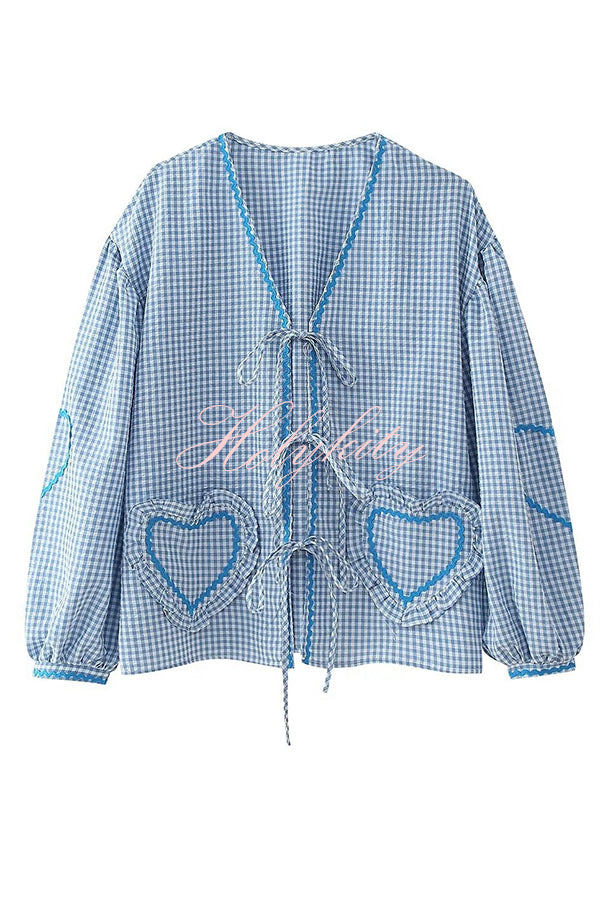 Lovely Plaid Heart Pattern Casual Lace-up Pocket Loose Shirt