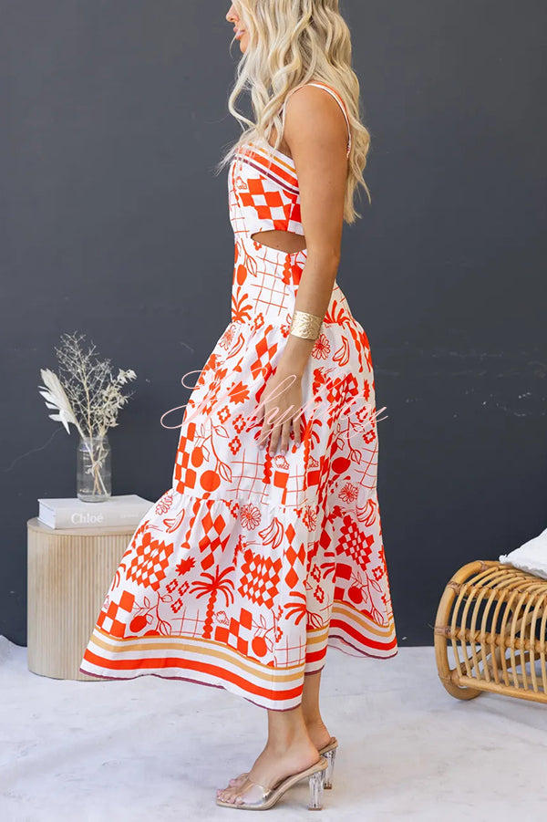 Unique Print Waist Cutout Back Gathered Suspender Maxi Dress