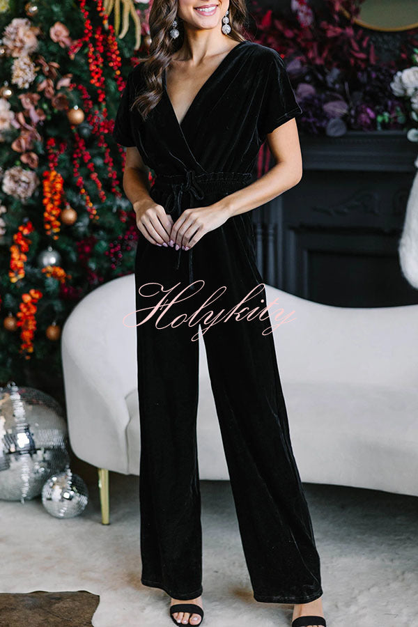 Holiday Star Velvet Lace Up Pocket Wide Leg Jumpsuit