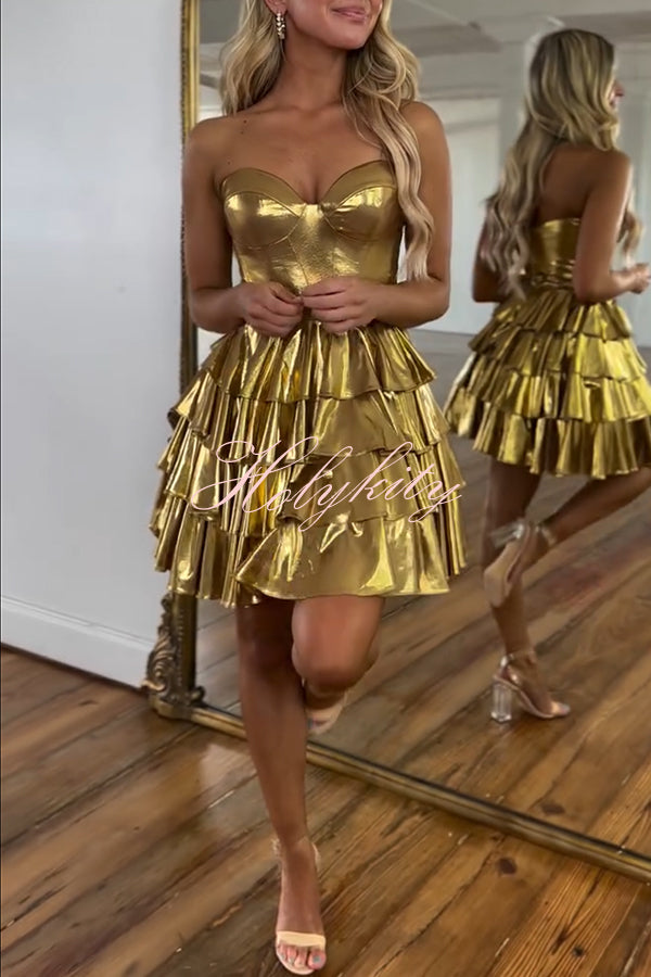 Like A Princess Metallic Fabric Off Shoulder Layered Rusffles Mini Dress