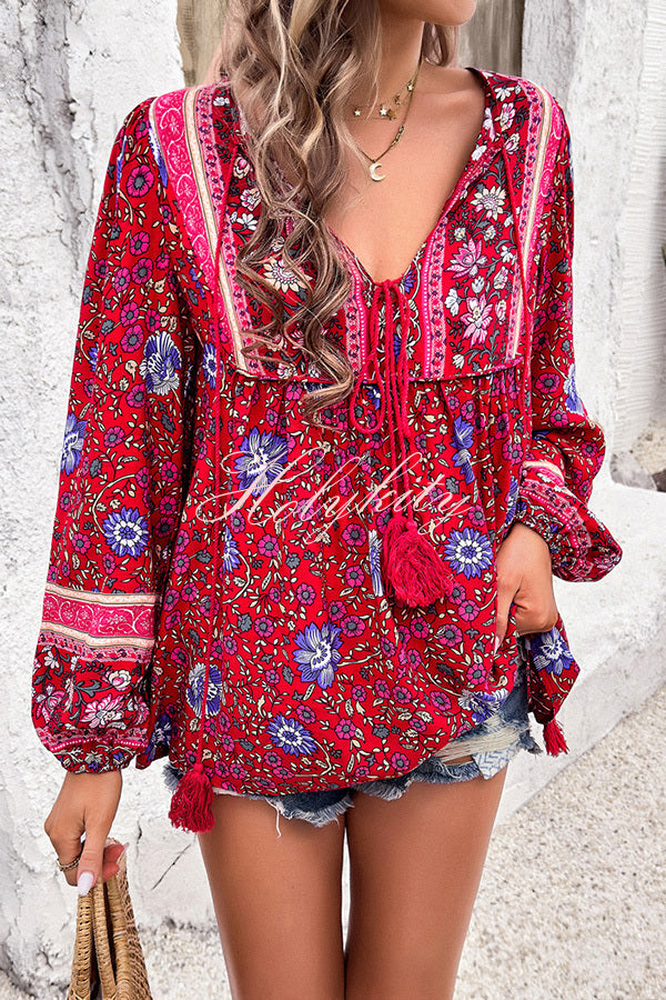 Intricate Floral Print V Neck Lace Up Paneled Long Sleeve Shirt